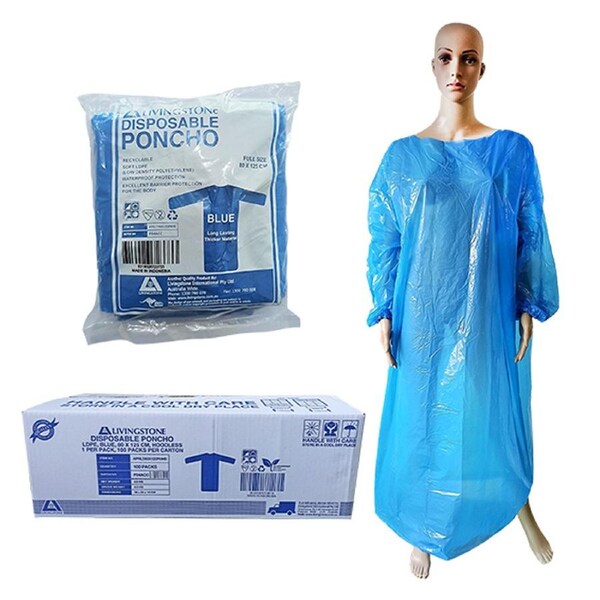 Livingstone Disposable Blue Poncho Hoodless Recyclable LDPE 80 x 125cm 100 Carton