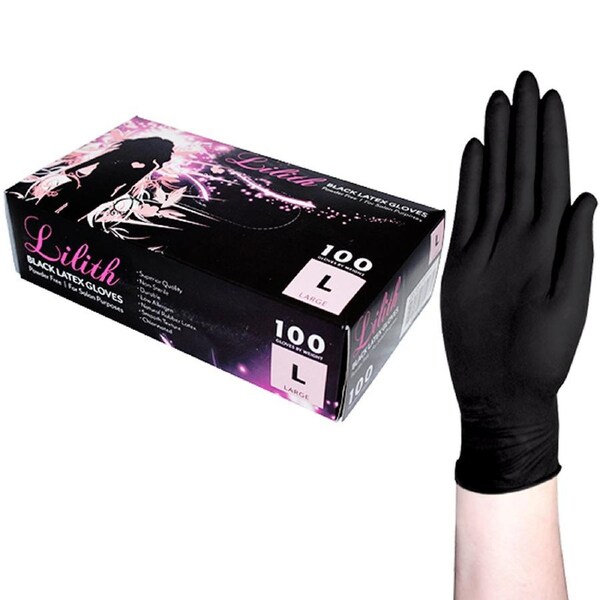 Lilith Salon Latex Powder Free Large Black Gloves 100 Box