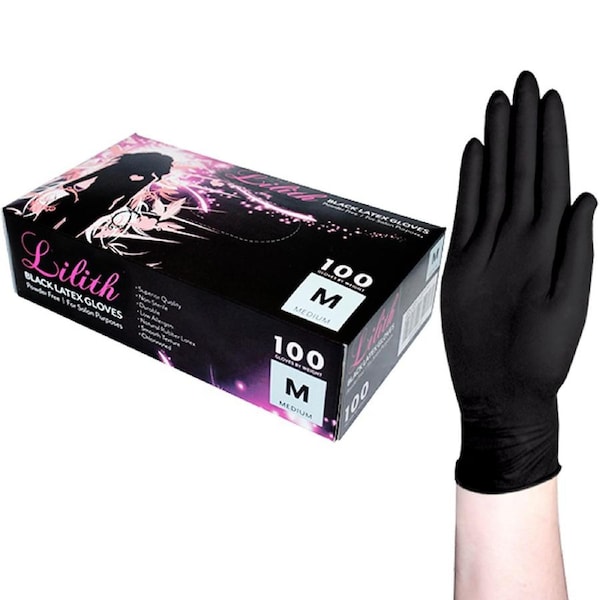 Lilith Salon Latex Powder Free Medium Black Gloves 100 Box