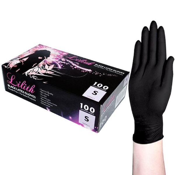 Lilith Salon Latex Powder Free Small Black Gloves 100 Box