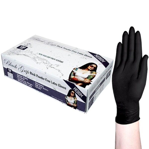 Black Grip Latex Powder Free Medium Black Gloves 100 Box