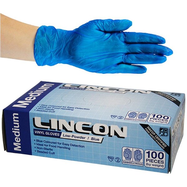 Lincon Vinyl Low Powder Gloves 5.0g Medium Blue HACCP Grade 100 Box