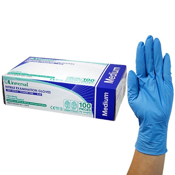 Universal Nitrile Powder Free Gloves Medium Blue AS/NZ HACCP Grade 100 Box
