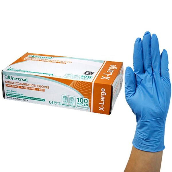 Universal Nitrile Powder Free Gloves Extra Large Blue AS/NZ Standard HACCP Grade 100 Box