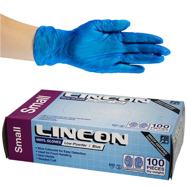 Lincon Vinyl Low Powder Gloves 4.5g Small Blue HACCP Grade 100 Box