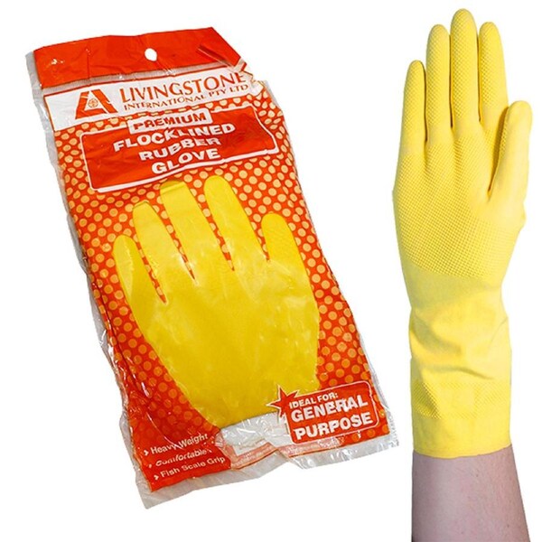 Livingstone Household Rubber Gloves Flocklined Medium Yellow