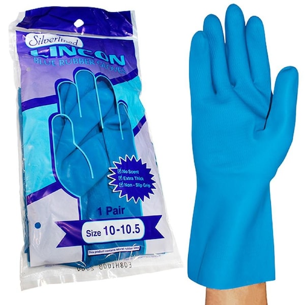 Lincon Silverlined Natural Rubber Gloves with Silver Lining Biodegradable Size 10-10.5 Blue Unscented 1 Paie