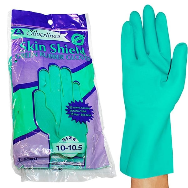 Skin Shield Silver Lined Natural Rubber Gloves Biodegradable Size 10-10.5 Green Vanilla Scent 1 Pair