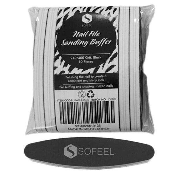 Sofeel Nail File Sanding Buffer 240/400 Grit Black with White Core Oval 2.4 x 10.5cm 10 Pack
