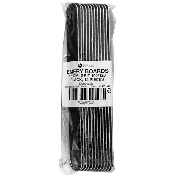 Sofeel Nail File Emery Board Grit 100/120 150 x 15 x 1.5mm Black 12 Pack