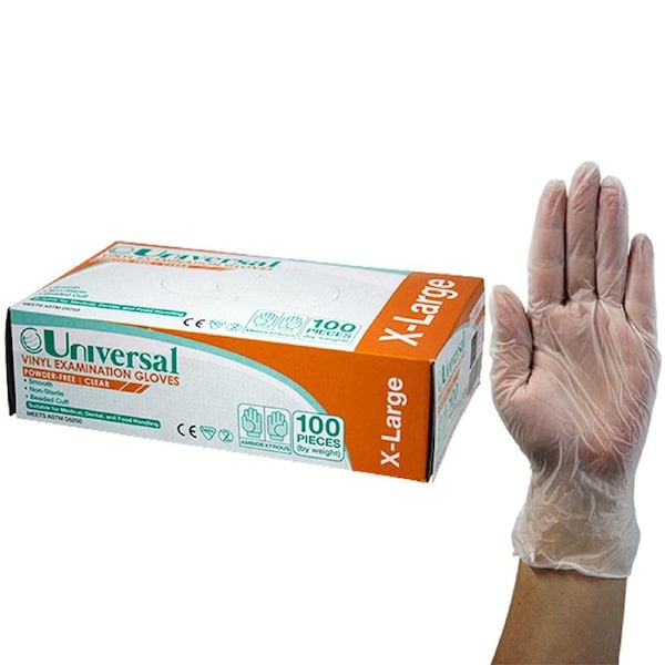 Universal Vinyl Powder Free Gloves 7.0g Extra Large Clear 100 Box