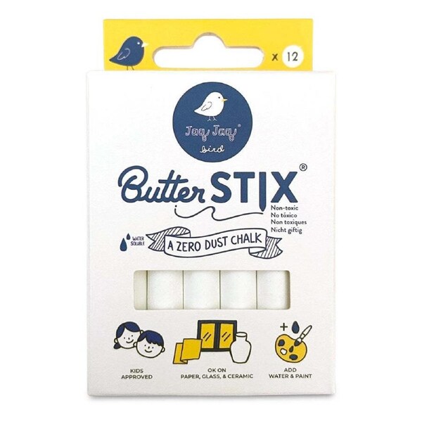 12PK Jaq Jaq Bird ButterStix Non-Toxic White Chalk w/ Holder Art Drawing 3y+