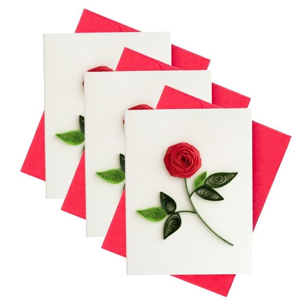 3x Boyle Quilled 8.5cm Handmade Single Rose Mini Greeting Card w/ Envelope Red