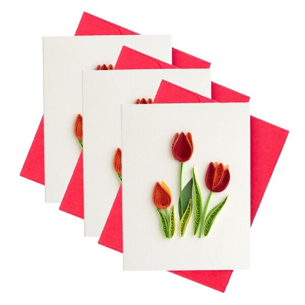3x Boyle Quilled Handmade Tulips Mini Greeting Card w/Coloured Envelope Red