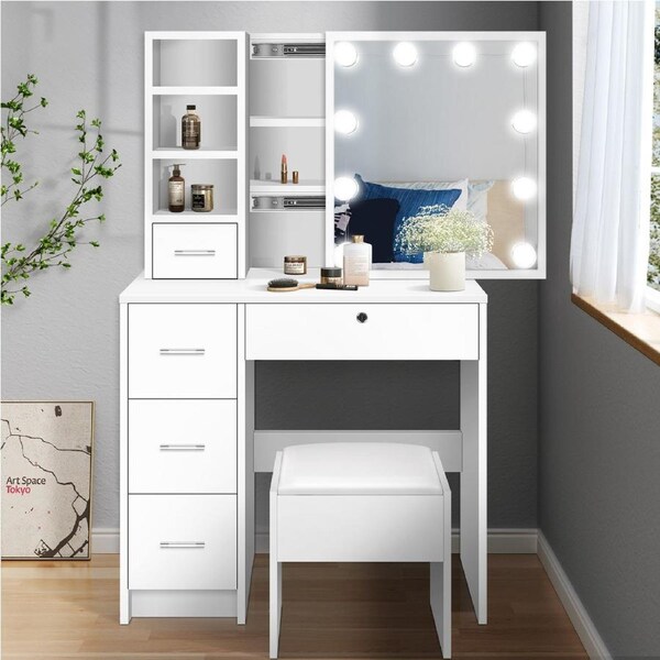 ALFORDSON Dressing Table LED 10 Bulbs Stool Set Sliding Mirror White
