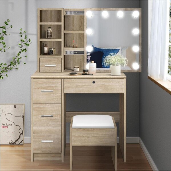 ALFORDSON Dressing Table - LED 10 Bulbs Stool Set Slide Mirror Makeup