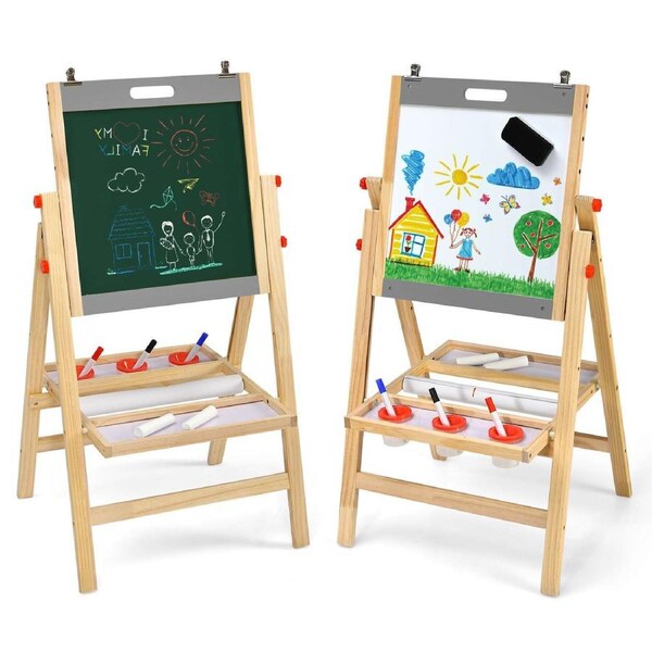 Costway 3in1 Wood Art Easel Dual-Side Chalkboard&Whiteboard Adjustable Easel