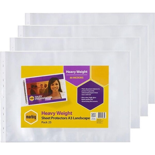 4 Pack Marbig Deluxe Copysafe Sheet Protectors Plastic Sleeves Landscape A3 Pack 25