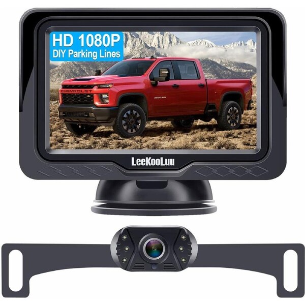 Leekooluu Backup Camera Rear View Monitor Kit HD 1080P for Car Truck Minivan Waterproof Night Vision DIY Grid Lines LK3