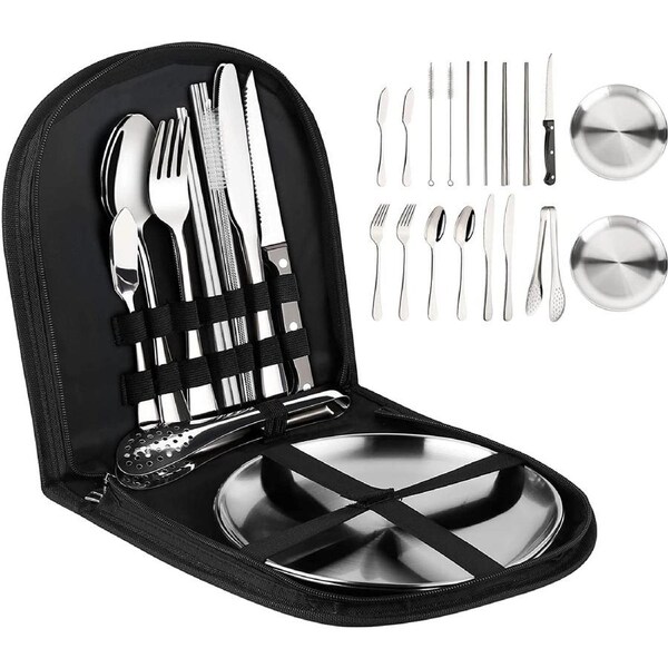 18-Pieces Portable Travel Camping Tableware Fork Spoons Plate Cutlery Stainless Steel Silverware Set for Hiking and Camp Kitchen