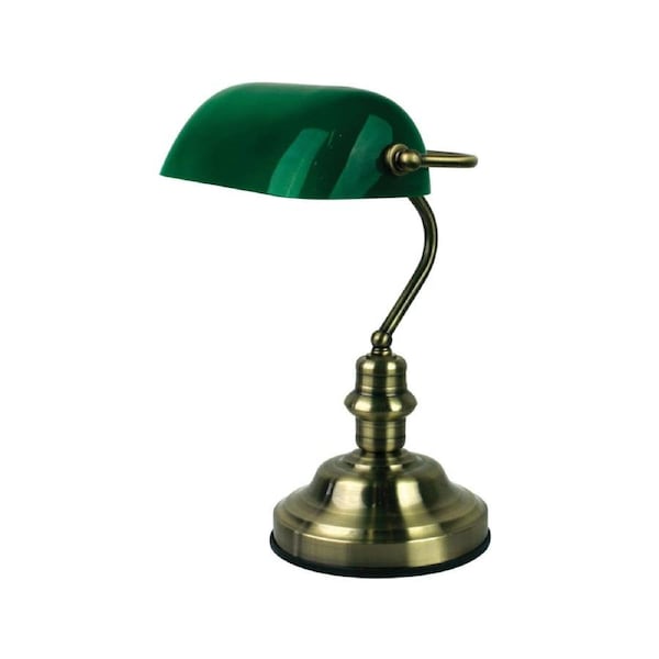 BANKERS SWITCHED Antique Brass with Green Glass Shade
