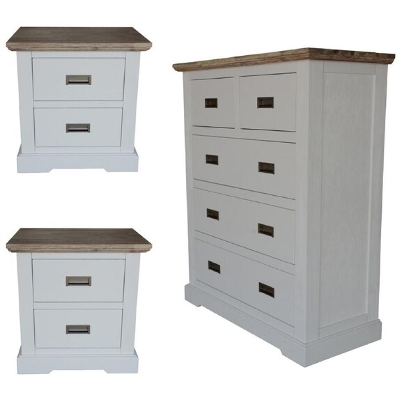 Fiona Set of 2 Bedside Table Tallboy Bedroom Furniture Package Set White Grey