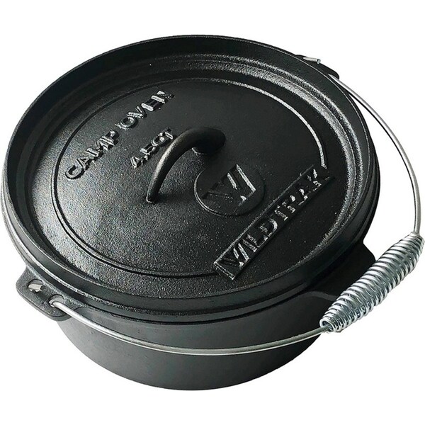 Wildtrak Round 4.5qt/25cm Cast Iron Camp Oven Pot Camping Outdoor Cookware Black