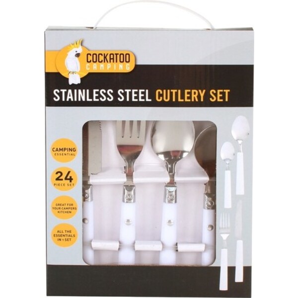 24pc Cockatoo Camping Stainless Steel Cutlery Spoon/Fork Set w/ Bag White/Silver