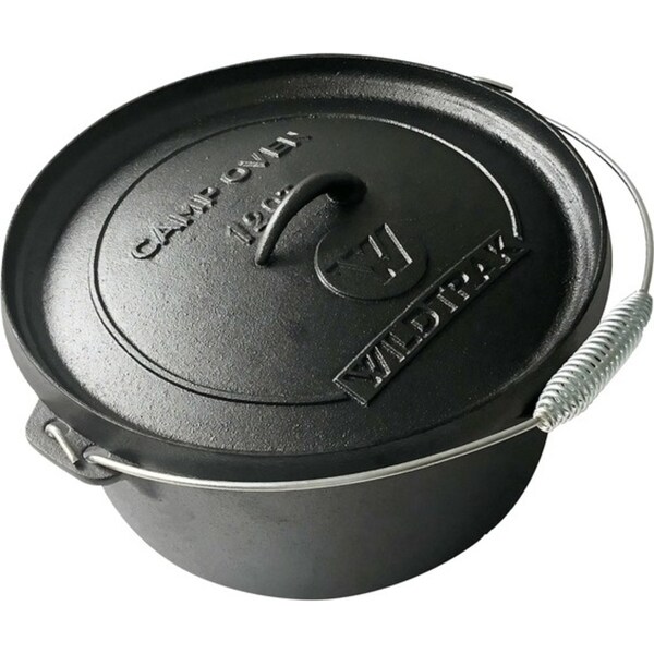 Wildtrak Round Cast Iron 12qt/37cm Camp Oven Pot Outdoor Camping Cookware Black