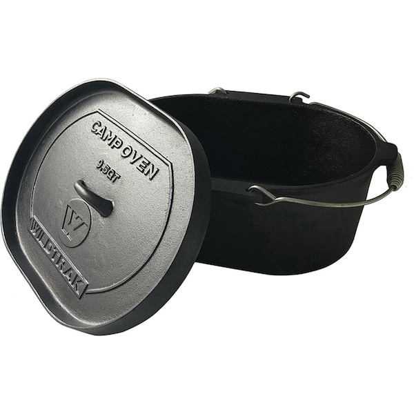 Wildtrak Oval 9.5qt/38cm Cast Iron Camp Oven Pot Camping Outdoor Cookware Black