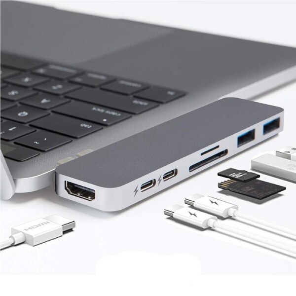HyperDrive USB C Hub, Best Type-C Duo Adapter 50Gbps MacBook Pro 2018 2017 2016 13" 15", 7in2: USB-C 100W Power Delivery, USBC 5Gbps Data, 4K HDMI, mi