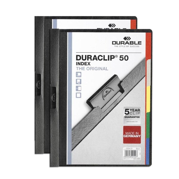 3x Durable Duraclip 5-Tab Index File A4 Document Folder Organiser Holder Black