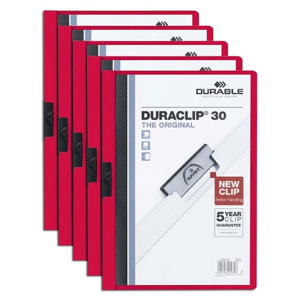 5x Durable Duraclip 30-Sheet A4 Document Folder Stationery Paper Organiser Red