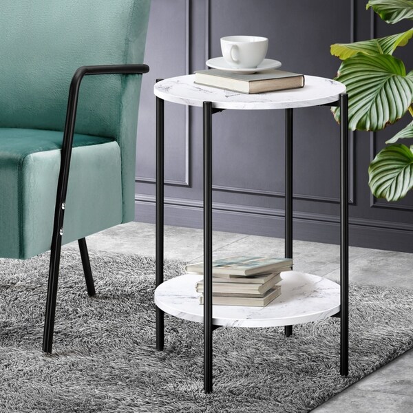 Oikiture Side End Table Coffee Sofa Bedside Nightstand Marble-like Round Black