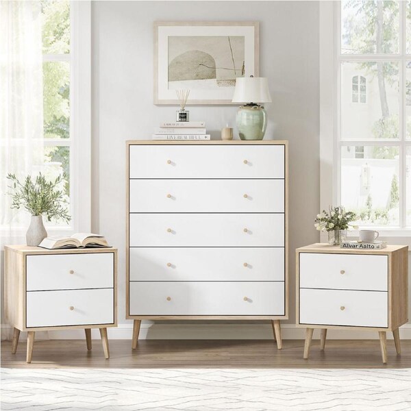 Adriana 5 Drawers Chest of Drawers Dresser with 2 Bedside Tables Bedroom Bundle