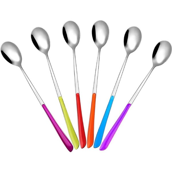 8 inch Iced Tea Spoons,Set of 6 Colored Handle Stainless Steel Coffee Spoons,Stirring Spoons,Dessert Spoons,Ice Cream Spoons