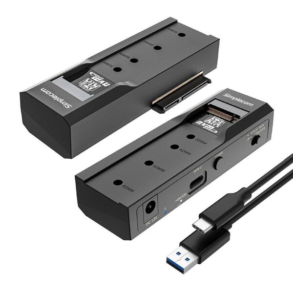 SIMPLECOM SA536 USB to M.2 and SATA 2-IN-1 Adapter for 2.5'/3.5' HDD & NVMe/SATA M.2 SSD with Power Supply USB 3.2 Gen2 10Gbps