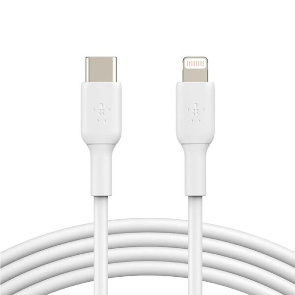 BELKIN BoostCharge Lightning to USB-C Cable (1m/3.3ft) - White (CAA003bt1MWH), 8,000+ bends tested,480Mbps,PVC Cable,MFi Certified,USB-C PD,2YR.