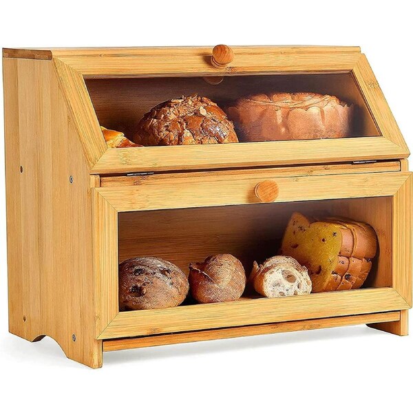 Double Layer Large Bread Box Kitchen Countertop Wooden Capacity Bamboo Farmhouse Style Clear Window Self-Assembly
