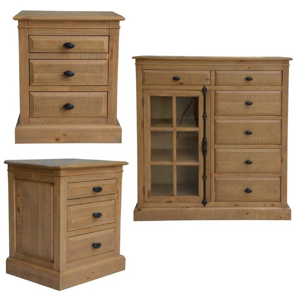 Jade Set of 2 Bedside 6 Drawer Tallboy Bedroom Furniture Package Set - Natural
