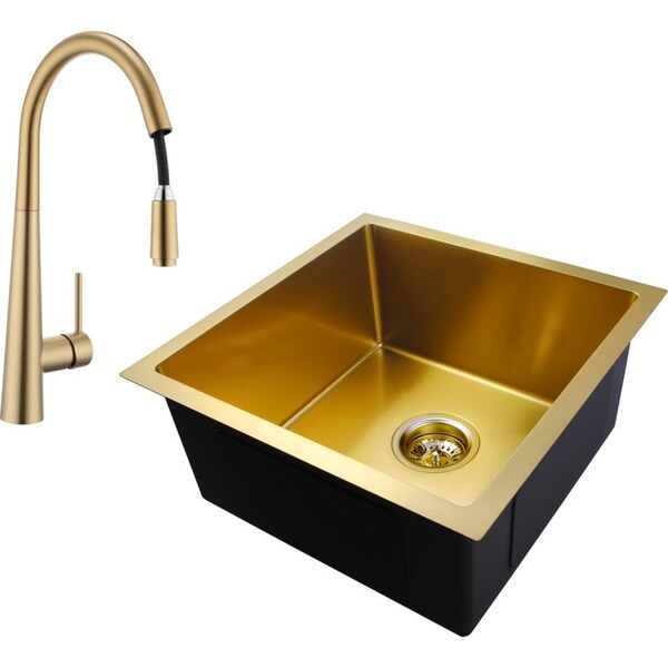 ACA 44X44CM Brushed Gold Kitchen Sink With Tap Set 304 Stainless Steel Single Bowl Kitchen Laundry Sink Handmade