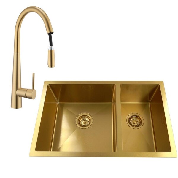 ACA Kitchen Sink 71X45CM Stainless Steel Double Bowls Kitchen Sinks With Kitchen Tap in Brushed Yellow Gold