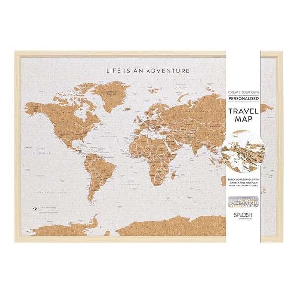 Travel Map Framed Cork Board Around The World Places Tour w/ Hook Large