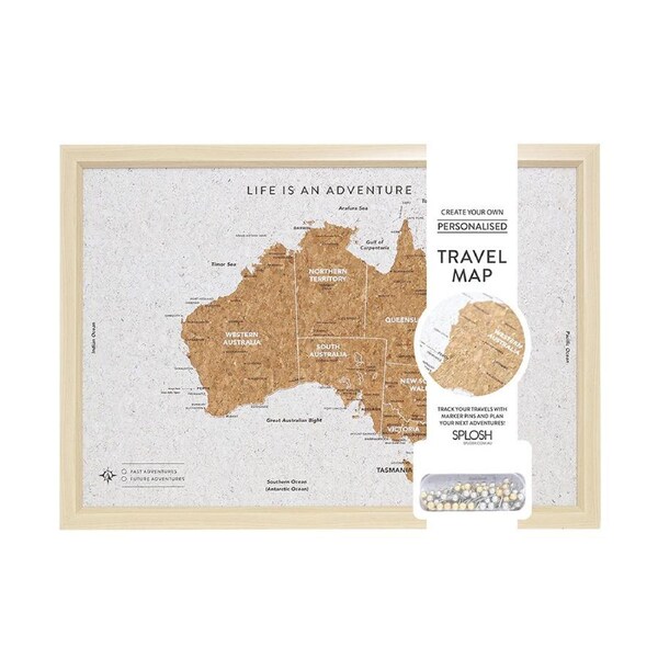 Travel Australia Map Framed Cork Board Places Tour/Trips w/ Hook Small