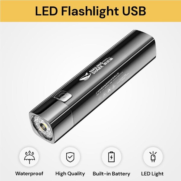 LED USB Flashlight - Portable Rechargeable Torch - Black