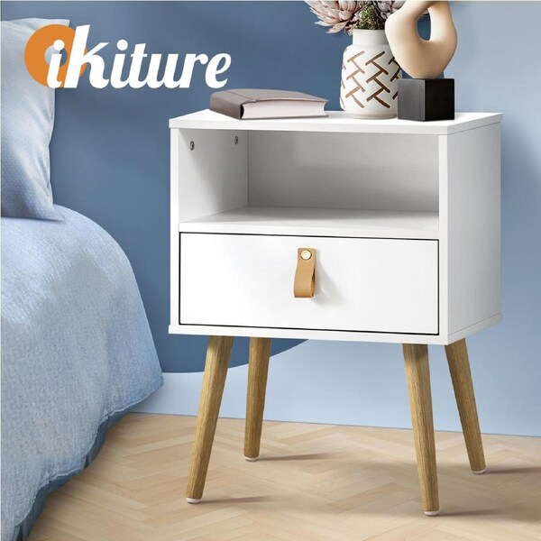 Oikiture Bedside Tables Side Table Drawer Cabinet w/ Leather Handle White