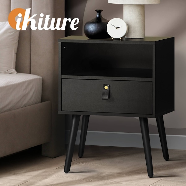 Oikiture Bedside Tables Side Table Storage Cabinet w/ Leather Handle Black