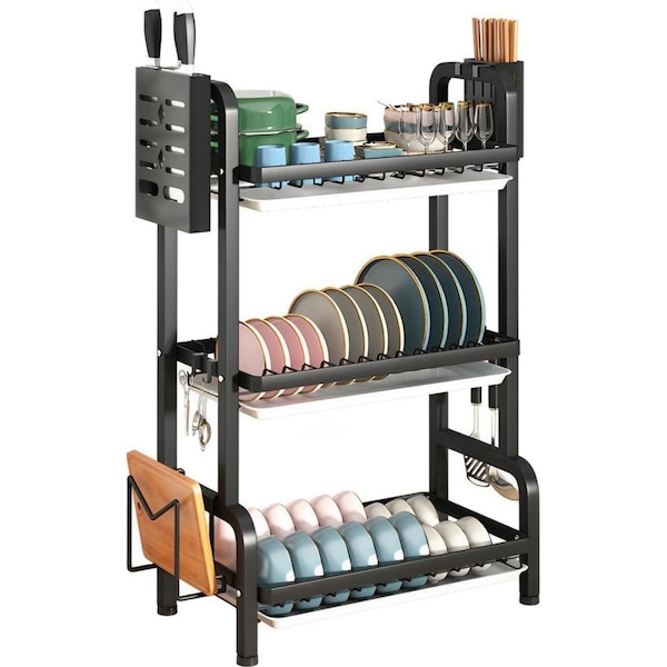 SOGA 3-Tier 62cm Black Steel Kitchen Drying Rack