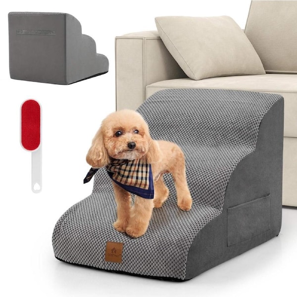 Costway 3-Tier Pet Ramp 3 Steps Stairs Non-Slip Cat Puppy Climbing Ladder Soft Foam Washable Cover w/Storage Bag & Hand Strap Grey