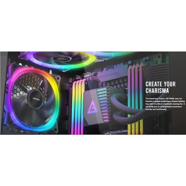 Antec Fusion 3x 120mm ARGB PWM HB Fan + ARGB Controller, 57.93 CFM, AP 2.11, Noise Level 31.21. Woven Cable, PMW Daisy Chain design, 3 Yrs Wty